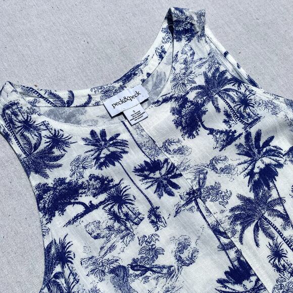 VTG Peck & Peck Linen Blend Overall Dress Toile Print Tropical Midi Sleeveless S - Picture 3 of 7